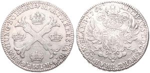Austrian Netherlands, Maria Theresia, 1 Kronenthaler Silver 1763(b), Floriated cross with crowns at angles / Crowned imperial double headed eagle, KM 21 Brussels, A.VF