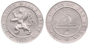 Belgium, Kingdom, Leopold II, 5 Centimes Copper-Nickel 1895FL, Rampant lion within circle left, Morin 247, VARIETY : DOUBLE DATE, A.UNC