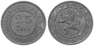 Belgium, Kingdom, Albert I, 25 Centimes Zinc 1915FR/FL, German Occupation - Rampant lion within circle, Morin 433, A.XF