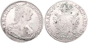 Austrian Netherlands, Maria Theresia, 1 Ducaton Silver 1750(l) R, Bust right with décolletage / Crowned ornate arms, KM 8.2 - Bruges, RARE, A.XF