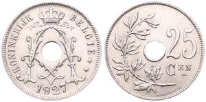 Belgium, Kingdom, Albert I, 25 Centimes Copper-Nickel 1927FL, Center hole within crowned monogram, Morin 332, UNC 