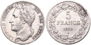 Belgium, Kingdom, Leopold I, 5 Francs Silver 1838, Laureate head left, Morin 11a (Postion A), EXTREMELY RARE KEY DATE !, VF