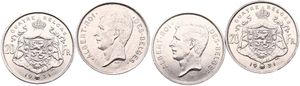 Belgium, Kingdom, Albert I, 2 x 20 Francs (4 Belgas) 1931FR Position A & B, Head left, Morin 376a & 376b, XF 