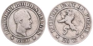 Belgium, Kingdom, Leopold I, 20 Centimes Copper-Nickel 1860, Rampant lion within circle left, Morin 131, RARE KEY DATE, A.VF