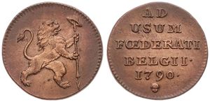 Austrian Netherlands, Insurrection Coinage, 1 Liard Copper 1790(b), Rampant lion right holding staff / Legend in 6 lines, KM 44 Brussels, XF