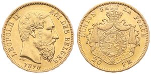 Belgium, Kingdom, Leopold II, 20 Francs Gold 1870, Bearded head right, Morin 144b, XF (*)