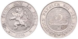 Belgium, Kingdom, Leopold I, 5 Centimes Copper-Nickel 1861, Rampant lion within circle left, Morin 137, A.XF