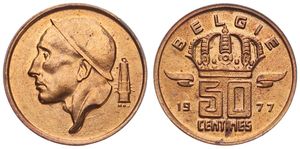 Belgium, Kingdom, Baudouin I, 50 Centimes Bronze 1977FL, Helmeted mine worker left, Morin 697a, SCARCE VARIETY WITH ADAM'S APPLE BELOW THE CHIN !, UNC