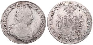 Austrian Netherlands, Maria Theresia, 1/2 Ducaton Silver 1753(h) R, Bust right with décolletage / Crowned ornate arms, KM 7 - Antwerp, Fine
