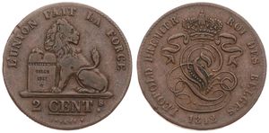 Belgium, Kingdom, Leopold I, 2 Centimes Copper 1842, Seated lion with tablet, Morin 92, SCARCER DATE, A.VF