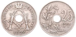 Belgium, Kingdom, Albert I, 25 Centimes Copper-Nickel 1929FR, Center hole within crowned monogram, Morin 335, SCARCE VARIETY WITH DOUBLE 2 IN DATE !, VF