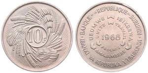 Burundi, Republic, 10 Francs Copper-Nickel 1968, F.A.O. - First Anniversary of Republic, KM 17, UNC
