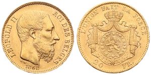 Belgium, Kingdom, Leopold II, 20 Francs Gold 1868, Bearded head right, Morin 142 (Type I), XF (*)