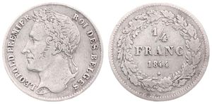 Belgium, Kingdom, Leopold I, 1/4 Franc Silver 1844, Laureate head left, Morin 38, A.VF