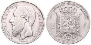 Belgium, Kingdom, Leopold II, 2 Francs Silver 1887FL, Bearded head left, Morin 171, SCARCE DATE IN FLEMISH, A.VF