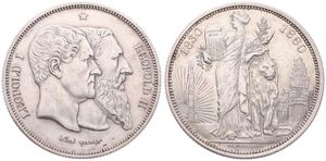 Belgium, Kingdom, Leopold II, 5 Francs (Medallic) Silver 1880, 50th Anniversary of Belgian Independence, Morin M/12a, (With 15 rays left from column), XF