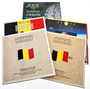 Belgium, Kingdom, Baudouin I, Lot with 5 Official Annual Mint Sets 1989, 1990, 1991, 1992 en 2001 FR+FL in original packaging, Morin div, UNC