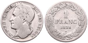Belgium, Kingdom, Leopold I, 1 Franc Silver 1838, Laureate head left, Morin 25, SCARCE, A.VF