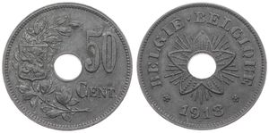Belgium, Kingdom, Albert I, 50 Centimes Zinc 1918FL/FR, German Occupation - Radiant star around center hole, Morin 432, A.XF