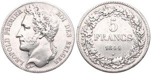 Belgium, Kingdom, Leopold I, 5 Francs Silver 1844, Laureate head left, Morin 12a (Position A), RARE DATE, VF (slightly cleaned)