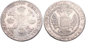 Austrian Netherlands, Maria Theresia, 1 Kronenthaler Silver 1759(b), Floriated cross with 3 crowns & Golden Fleece / Crowned imperial double headed eagle, KM 22 Brussels, A.VF