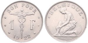 Belgium, Kingdom, Albert I, 1 Franc Nickel 1922FR, Kneeling woman left, Morin 396,UNC