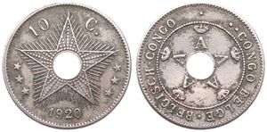 Belgian Congo, Colony, Albert I, 10 Centimes Copper-Nickel 1920/10, Center hole flanked by crowned monograms within beaded circle, KM 18, A.VF