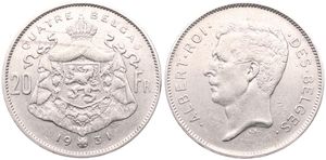 Belgium, Kingdom, Albert I, 20 Francs (4 Belgas) Nickel 1931FR (Position B), Head left, Morin 376b, XF