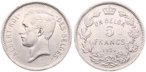 Belgium, Kingdom, Albert I, 5 Francs (1 Belga) Nickel 1934FR (Position B), Head left, Morin 390b, RARE KEY DATE, A.XF