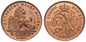 Belgium, Kingdom, Albert I, 2 Centimes Copper 1910FL, Seated lion with tablet, Morin 309, UNC