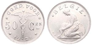 Belgium, Kingdom, Albert I, 50 Centimes Nickel 1928FL, Kneeling woman left, Morin 415, UNC