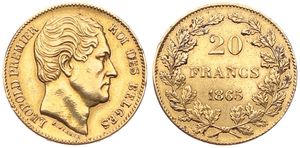 Belgium, Kingdom, Leopold I, 20 Francs Gold 1865, Bare head right, Morin 6 (Position A), VF (*) (cleaned !)