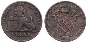 Belgium, Kingdom, Leopold I, 1 Centime Copper 1861, Seated lion with tablet, Morin 129, A.XF