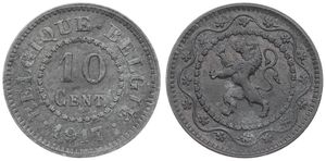 Belgium, Kingdom, Albert I, 10 Centimes Zinc 1917FR/FL, German Occupation - Rampant lion within circle, Morin 439, RARE KEY DATE !, A.XF