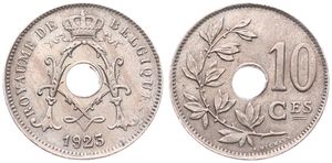 Belgium, Kingdom, Albert I, 10 Centimes Copper-Nickel 1923FR, Center hole within crowned monogram, Morin 342, SCARCE VARIETY WITH DOUBLE 9 & 2 IN DATE !, XF