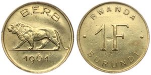 Rwanda-Burundi, Provinces, 1 Franc Brass 1961, Lion walking left, KM 1, A.UNC