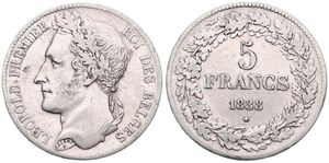 Belgium, Kingdom, Leopold I, 5 Francs Silver 1838, Laureate head left, Morin 11b (Postion B), EXTREMELY RARE KEY DATE !, A.VF