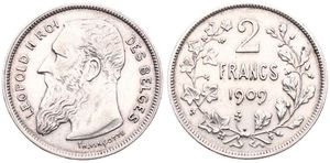 Belgium, Kingdom, Leopold II, 2 Francs Silver 1909FR, Bearded head left, Morin 196, A.XF