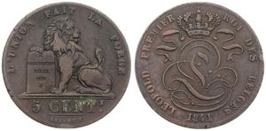 Belgium, Kingdom, Leopold I, 5 Centimes Copper 1841, Seated lion with tablet, Morin 72, A.VF