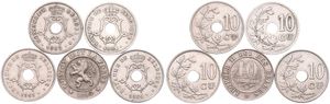 Belgium, Kingdom, Leopold II, Good lot with 5 different 10 Centimes copper-nickel coins in nice grades including scarcer dates..