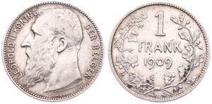 Belgium, Kingdom, Leopold II, 1 Franc Silver 1909FL, Bearded head left, Morin 201, WITH DOT IN ENGRAVERS NAME !, VF