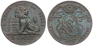 Belgium, Kingdom, Leopold I, 5 Centimes Copper 1852, Seated lion with tablet, Morin 79, A.XF