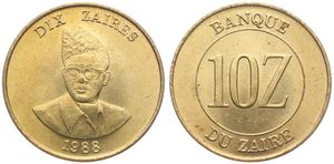 Zaire, Republic, 10 Zaires Brass 1988, Bust of Mobutu facing, KM 19, UNC