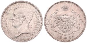 Belgium, Kingdom, Albert I, 20 Francs Silver 1934FR (Position A), Head left, Morin 307a, A.XF
