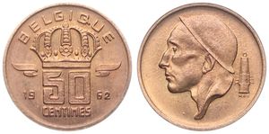 Belgium, Kingdom, Baudouin I, 50 Centimes Bronze 1962FR, Helmeted mine worker left, Morin 667, UNC !