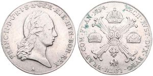 Austrian Netherlands, Franz II, 1 Kronenthaler Silver 1794A, Laureate head right / Floriated cross with 3 crowns & Golden Fleece, KM 62.1 Vienna, A.VF