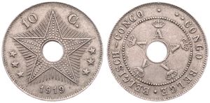 Belgian Congo, Colony, Albert I, 10 Centimes Copper-Nickel 1919, Center hole flanked by crowned monograms within beaded circle, KM 18, VF (Struck at Heaton / Birmingham)