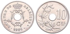 Belgium, Kingdom, Leopold II, 10 Centimes Copper-Nickel 1904FR, Center hole within crowned monogram, Morin 262, UNC