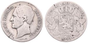 Belgium, Kingdom, Leopold I, 1/2 Franc Silver 1849, Bare head left, Morin 54, VERY RARE TYPE, A.Fine (some scratches)