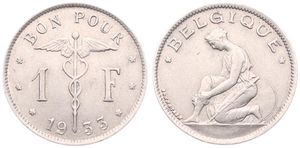 Belgium, Kingdom, Albert I, 1 Franc Nickel 1933FR, Kneeling woman left, Morin 406, SCARCER DATE, XF